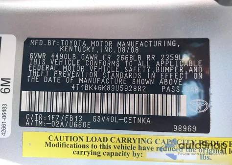 2009 Toyota Camry Le V6 from USA, damaged, VIN 4T1BK46K89U592882